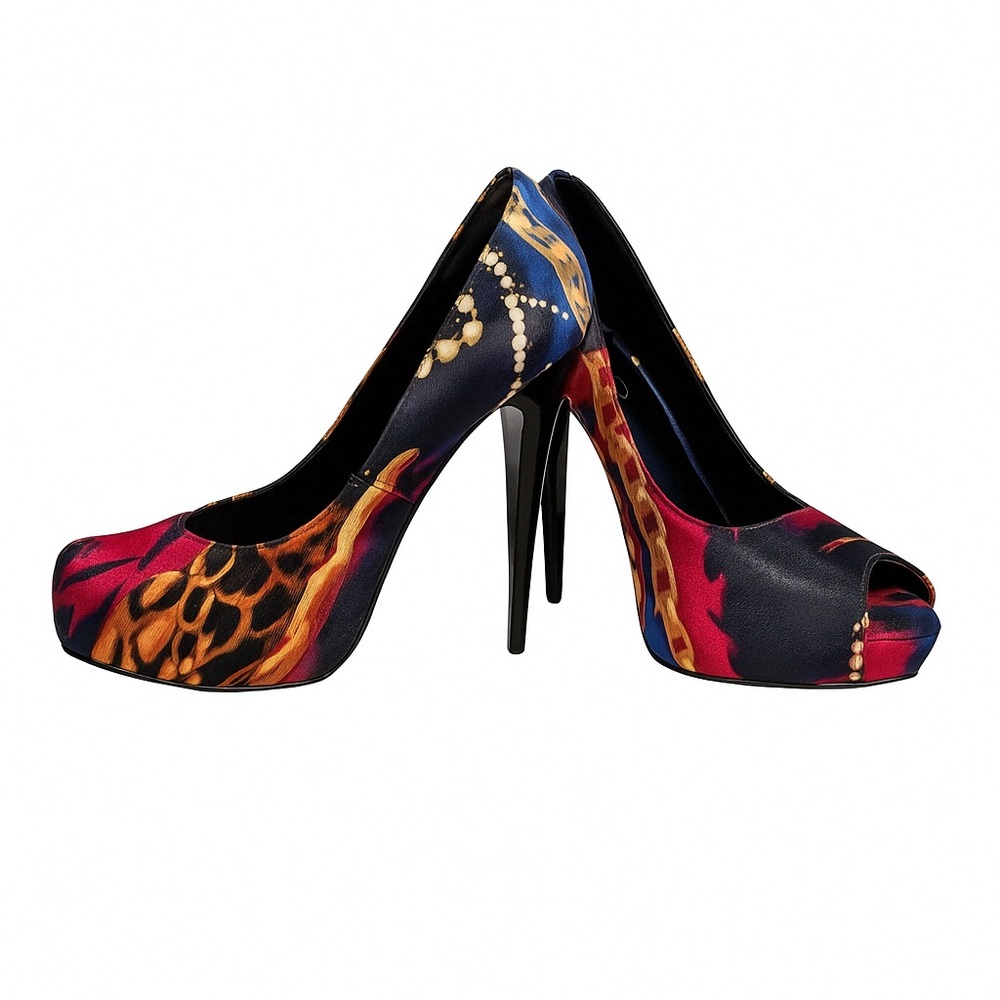 Aldo Multi Color Satin Peep Toe Platform Heels—EU 37/US 6.5, 6” Stiletto